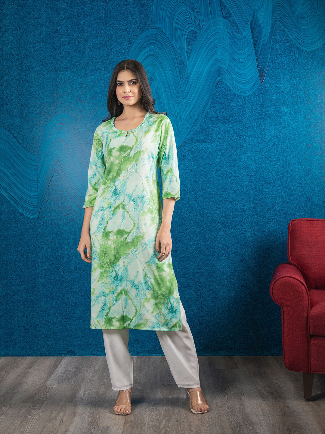 

BEATITUDE Women Green & Blue Printed Kurta