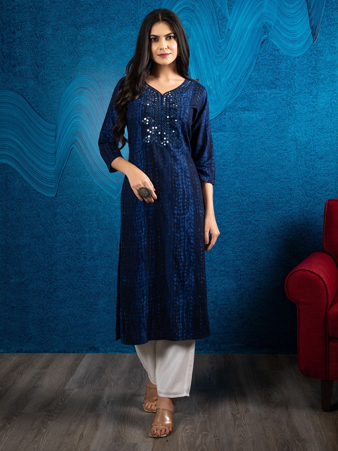 

BEATITUDE Navy Blue Embellished Mirror Work Kurta