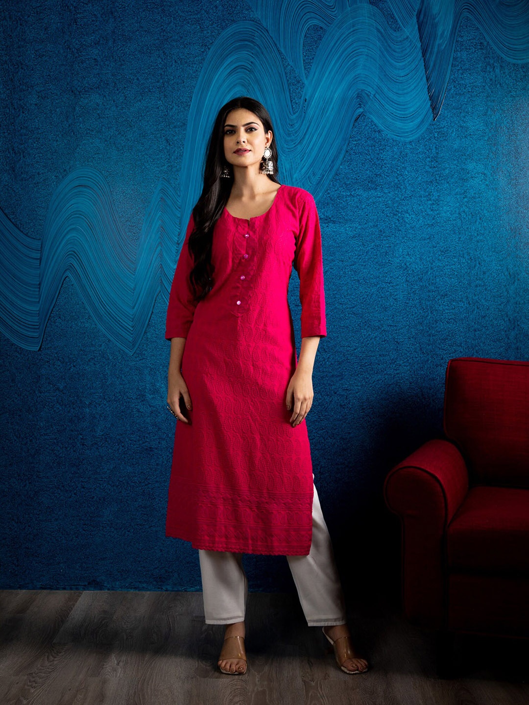 

BEATITUDE Women Pink Ethnic Motifs Embroidered Kurta