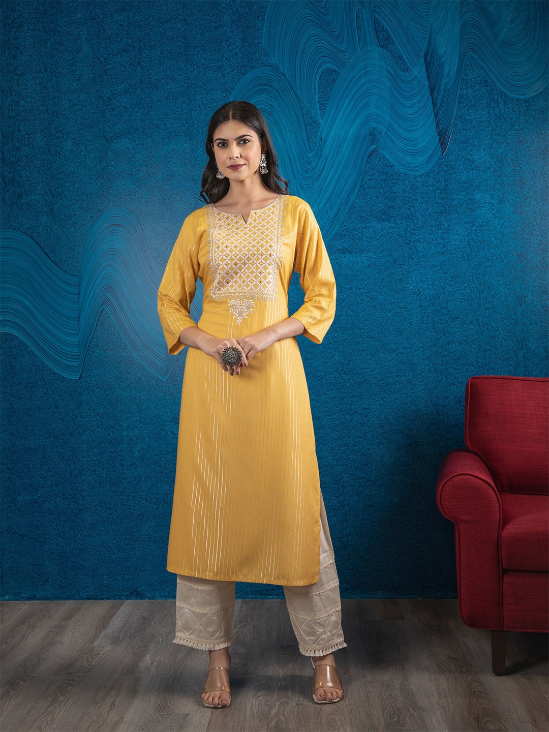 

BEATITUDE Women Yellow & White Ethnic Motifs Yoke Design Kurta