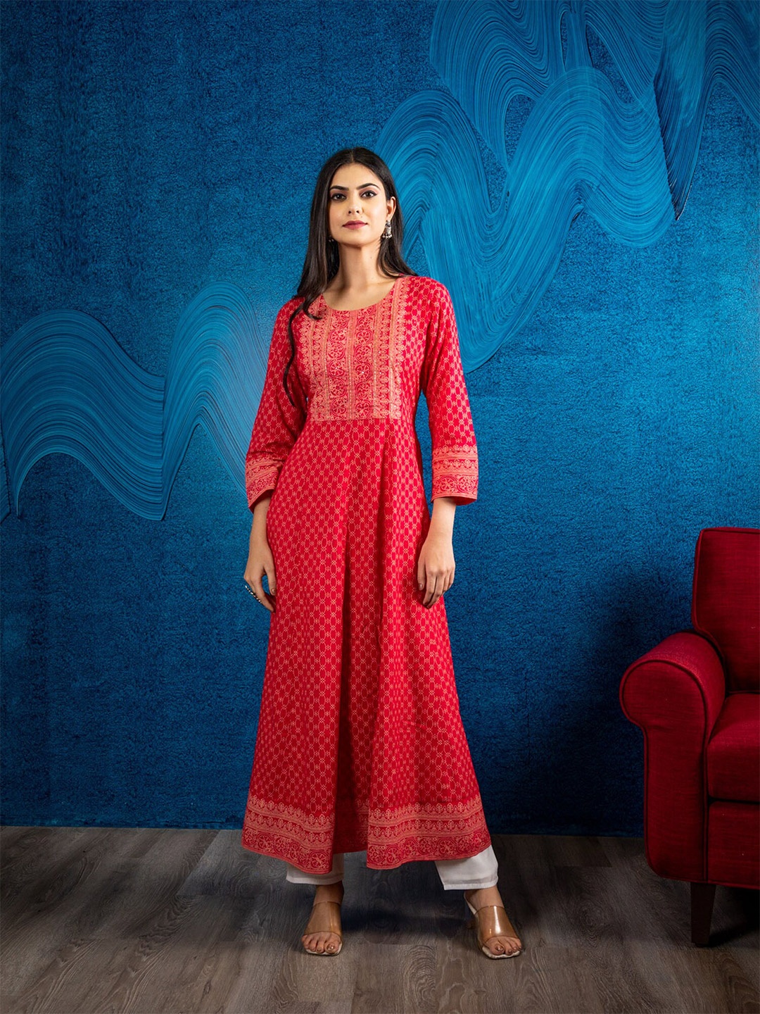 

BEATITUDE Ethnic Motifs Printed Anarkali Kurta, Fuchsia