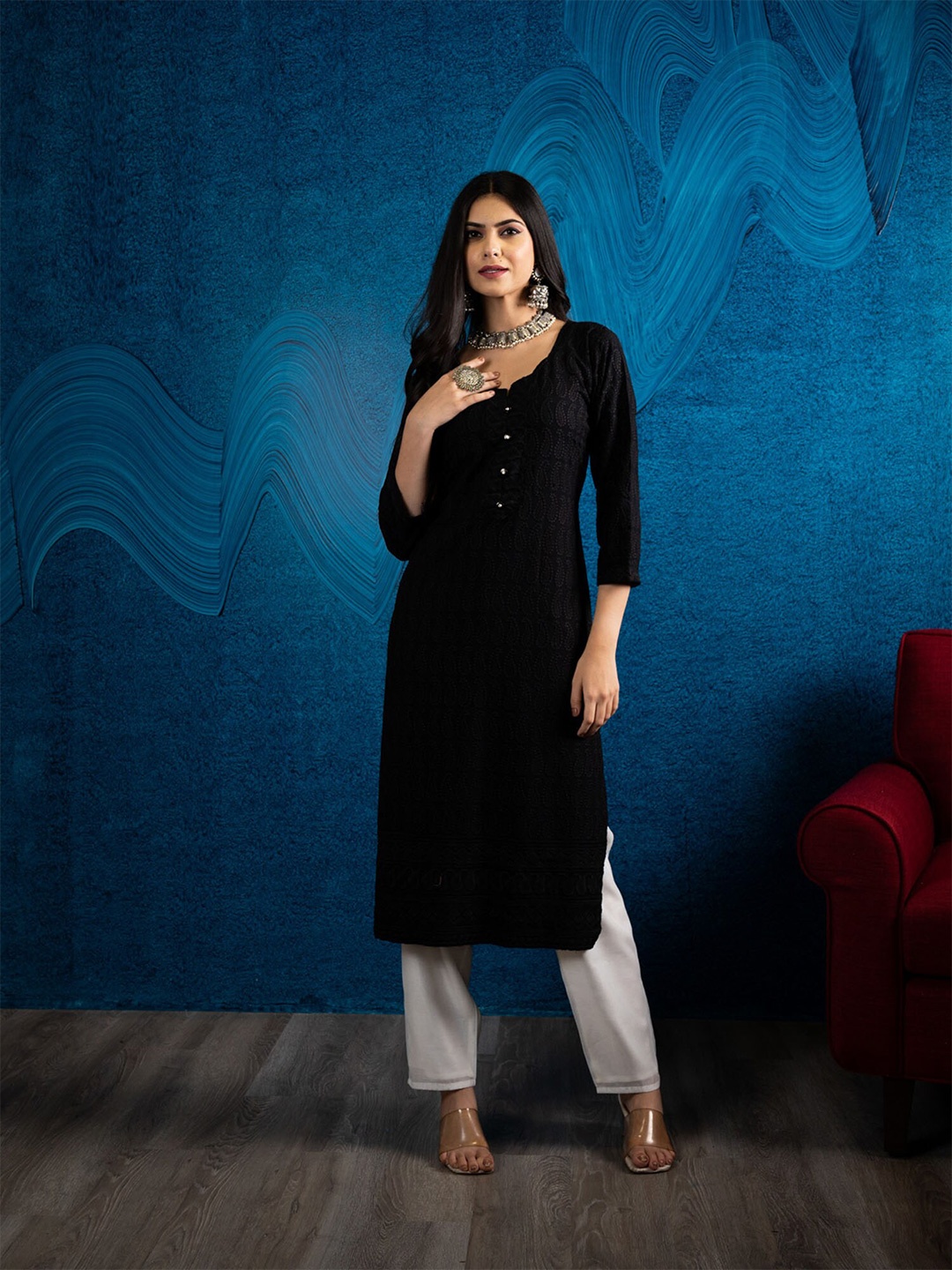 

BEATITUDE Women Black Ethnic Motifs Embroidered Chikankari Kurta