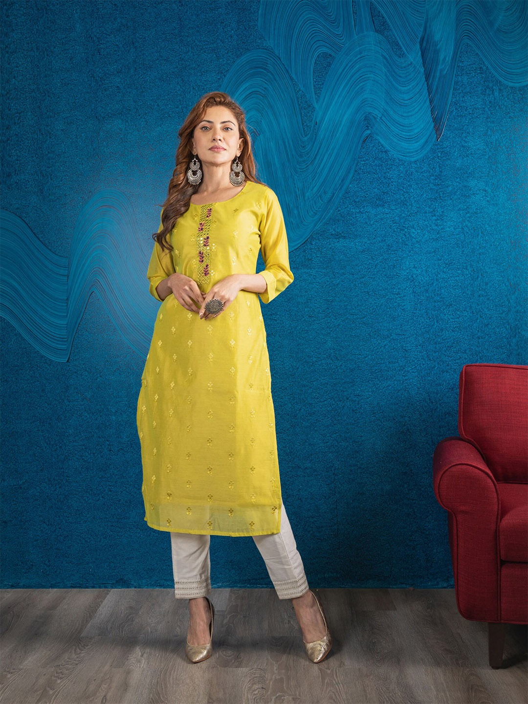 

BEATITUDE Women Yellow Ethnic Motifs Embroidered Round Neck Chanderi Silk Kurta