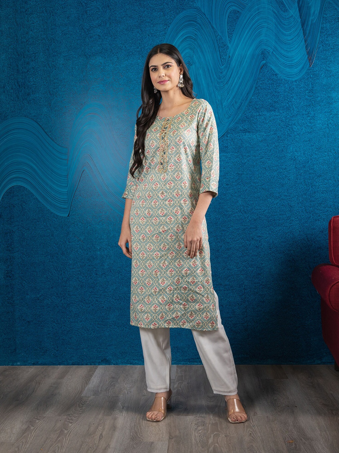 

BEATITUDE Women Sea Green & Beige Ethnic Motifs Printed Straight Kurta