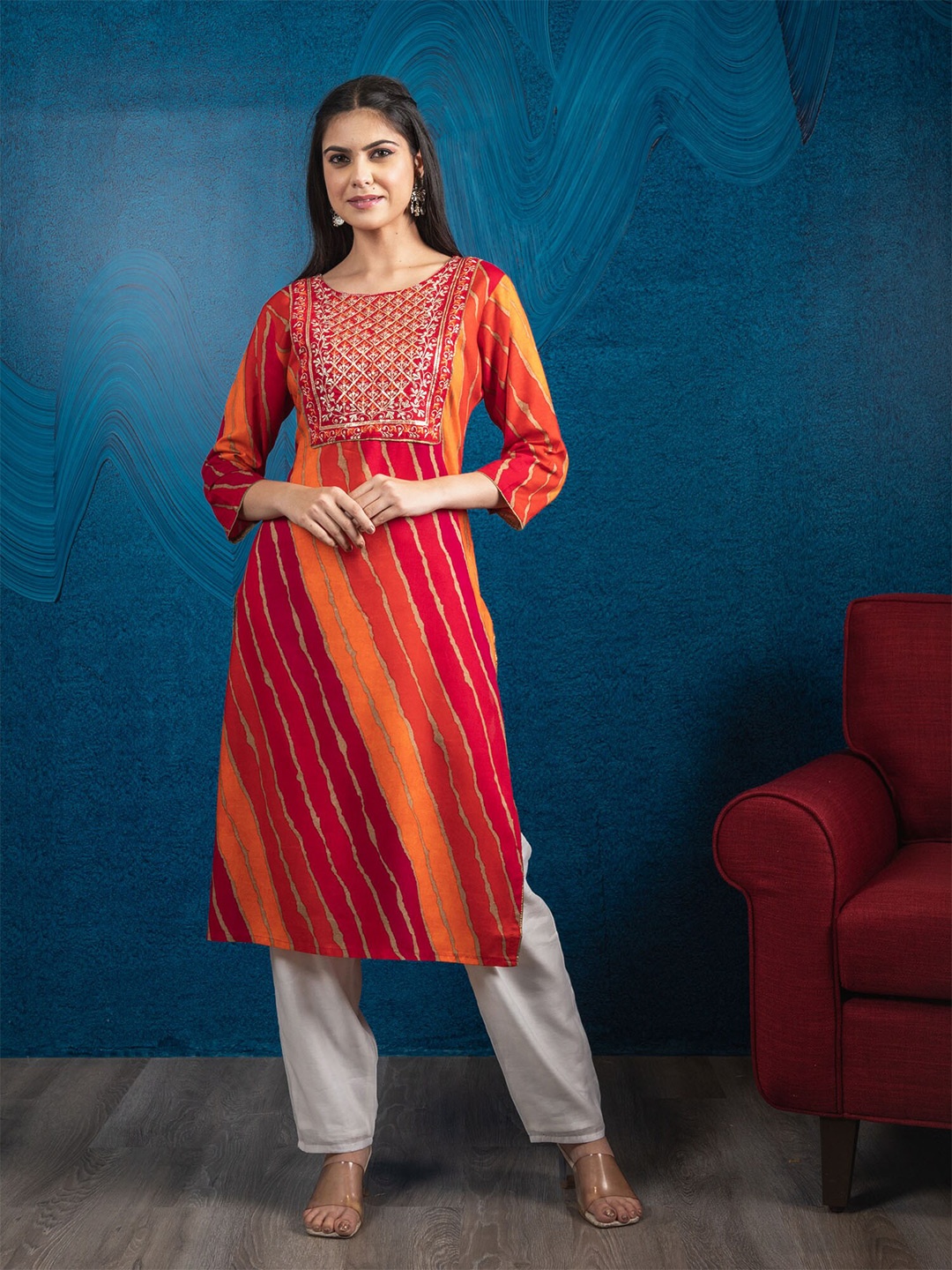 

BEATITUDE Women Red & Orange Leheriya Embroidered Straight Kurta