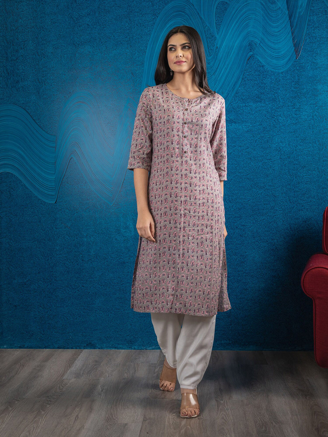 

BEATITUDE Women Grey & Pink Printed Cotton Straight Kurta