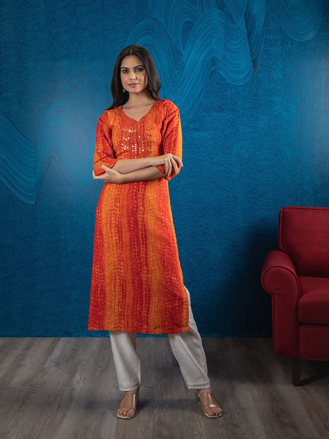 

BEATITUDE Women Orange Dyed Mirror Work Kurta
