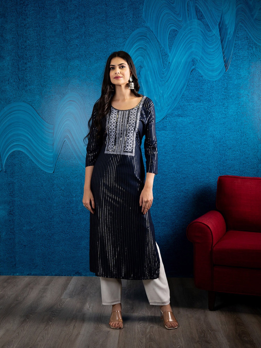 

BEATITUDE Women Navy Blue & Silver-Toned Embellished Kurta
