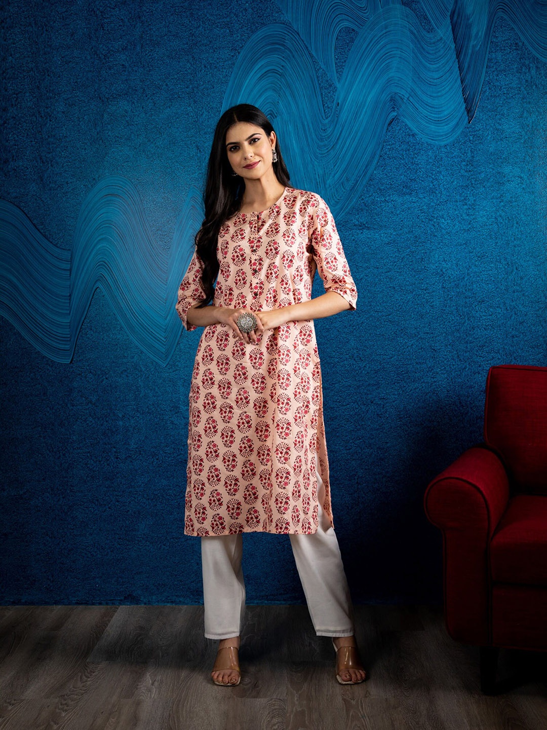 

BEATITUDE Women Pink & Red Ethnic Motifs Printed Kurta
