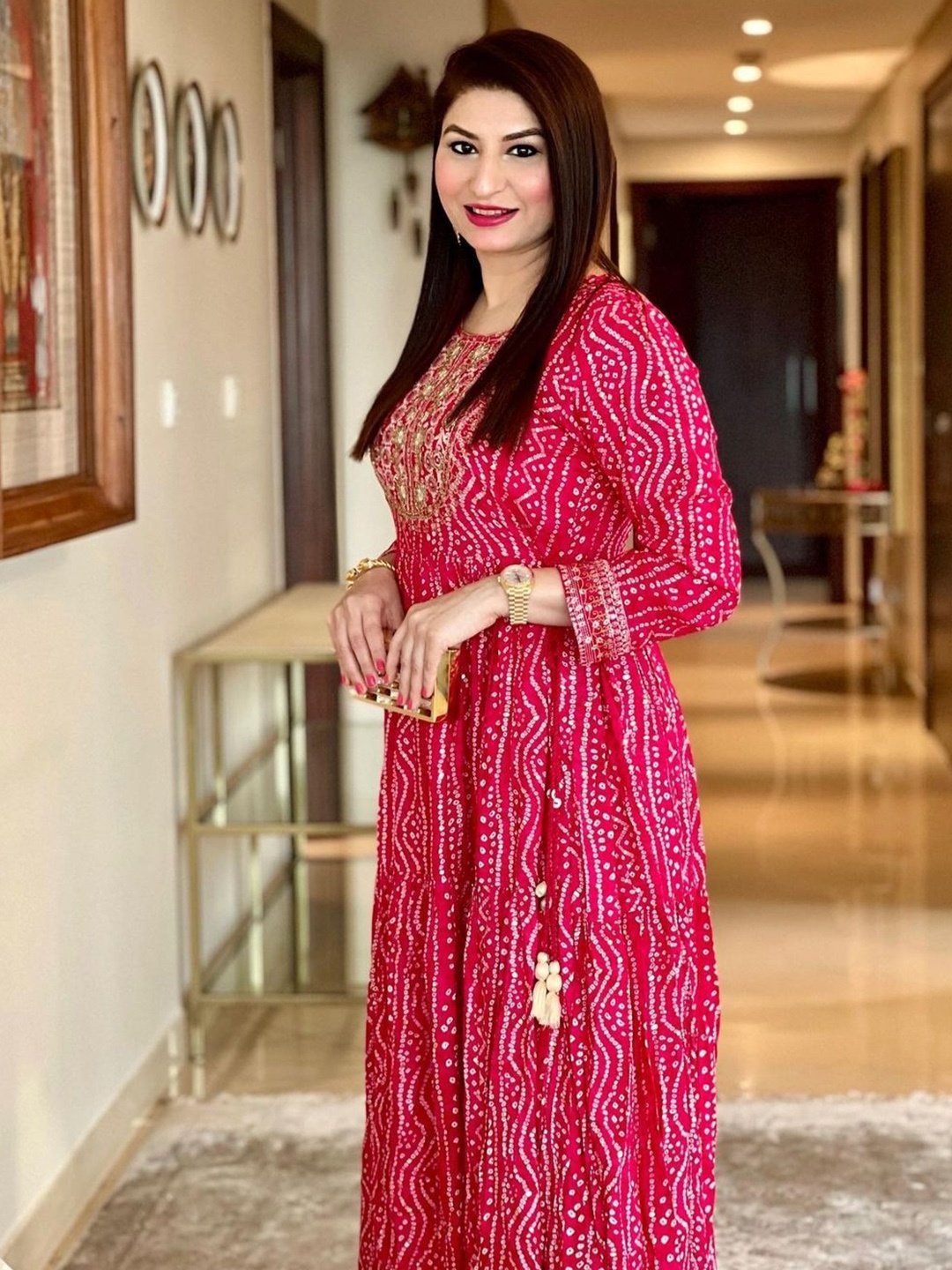

BEATITUDE Women Magenta Bandhani Printed Kurta