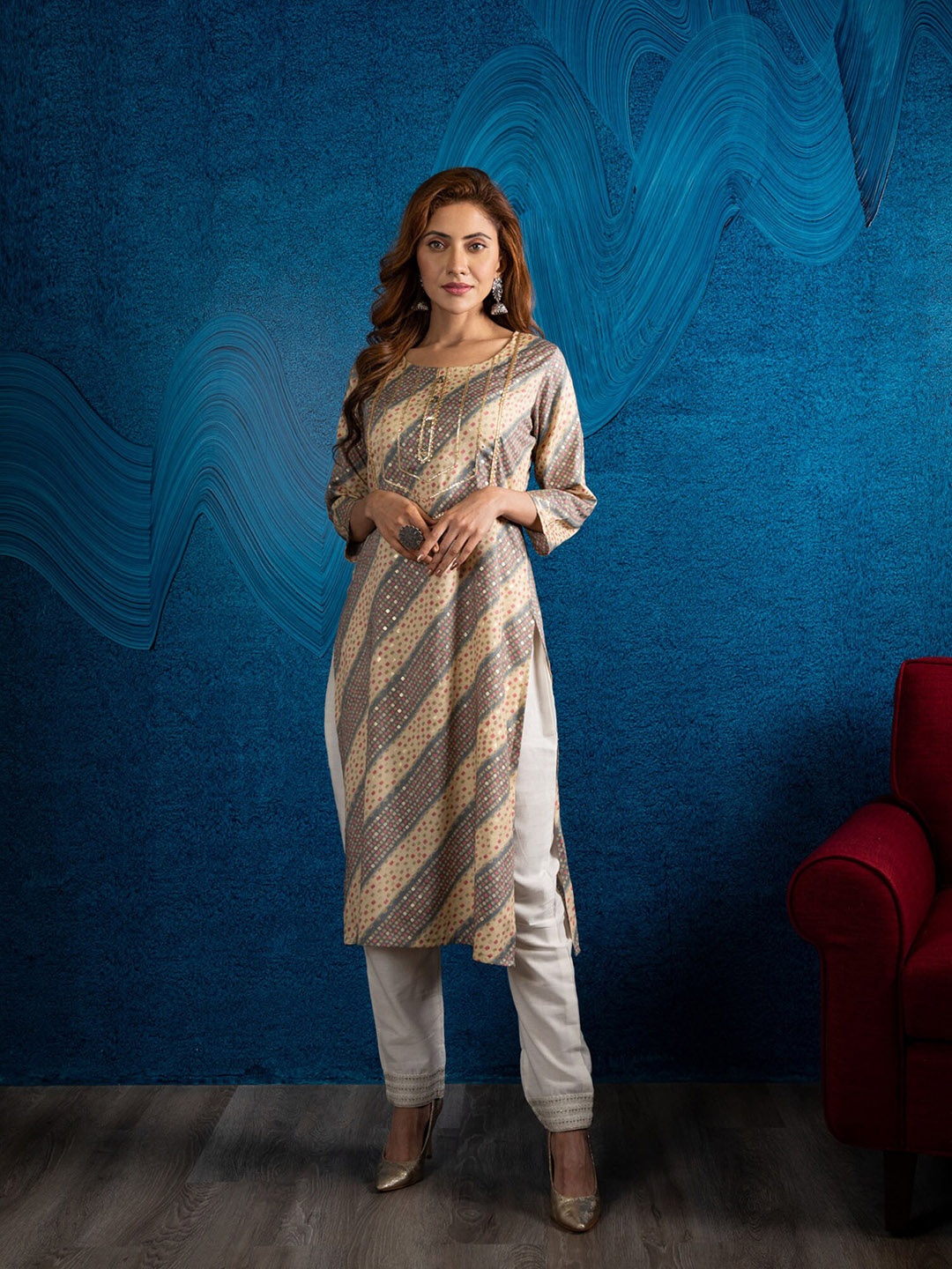 

BEATITUDE Women Beige & Grey Geometric Printed Kurta