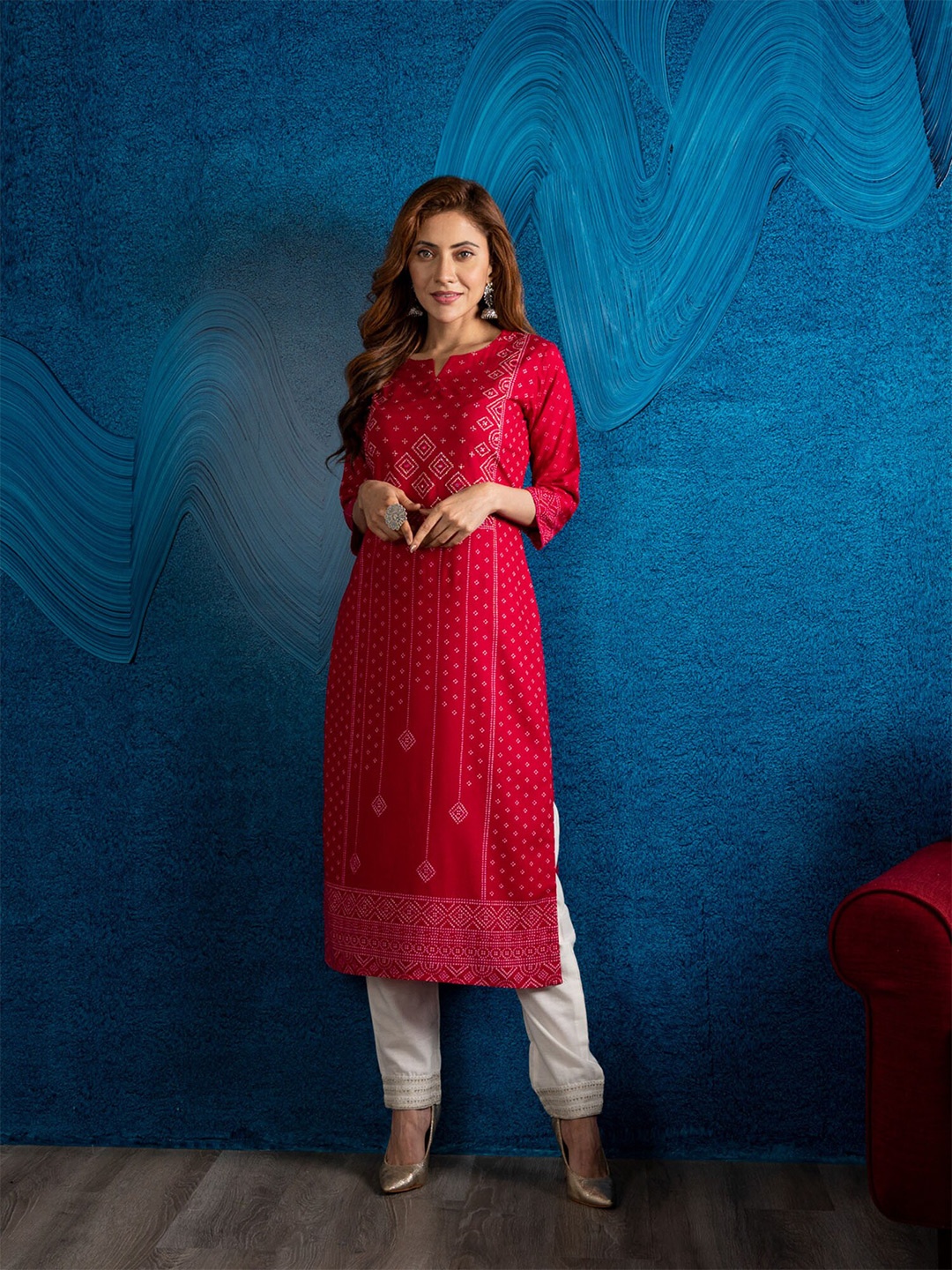 

BEATITUDE Women Fuchsia Pink Bandhani Printed Mirror Work Kurta