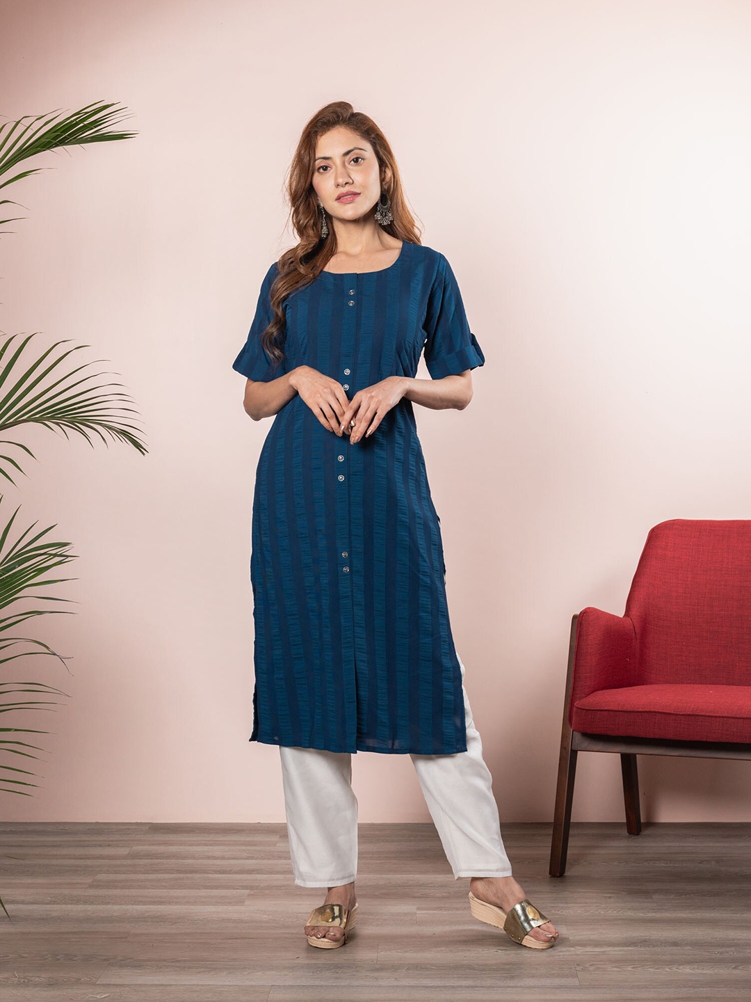 

BEATITUDE Women Blue Striped Pathani Kurta
