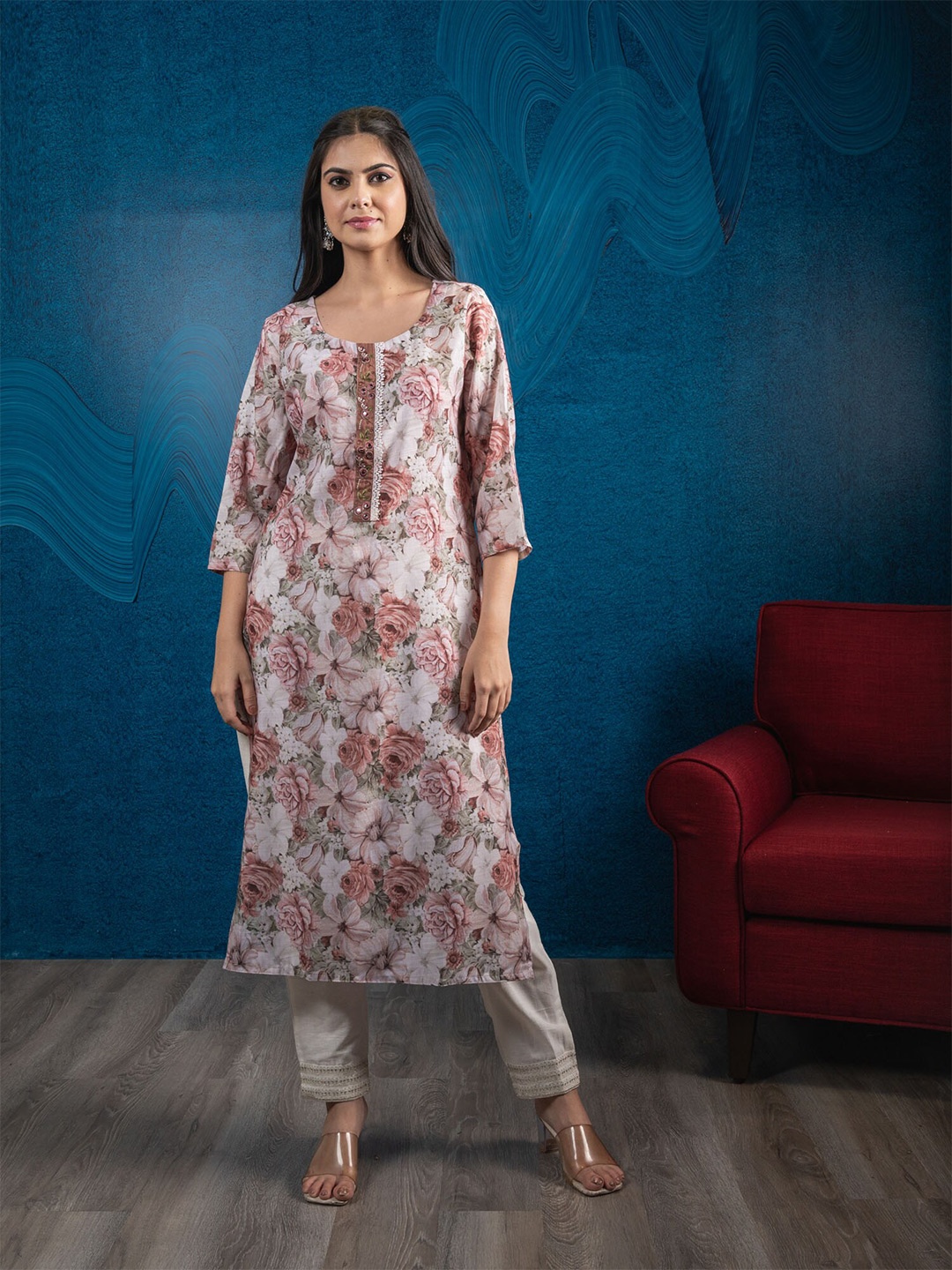 

BEATITUDE Women Peach-Colored & White Floral Printed Cotton Kurta