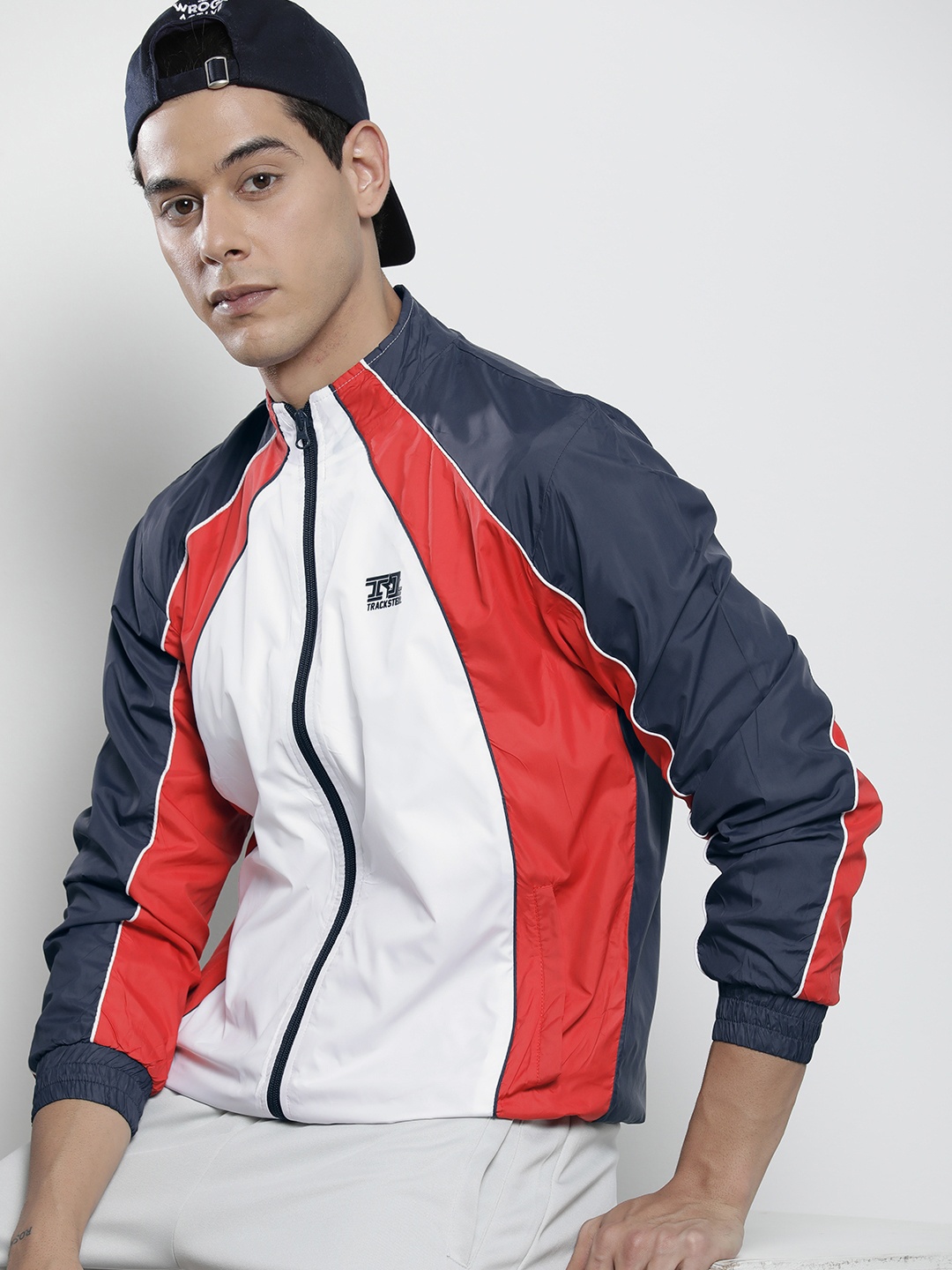 

The Indian Garage Co Men Navy Blue White Colourblocked Windcheater Jacket