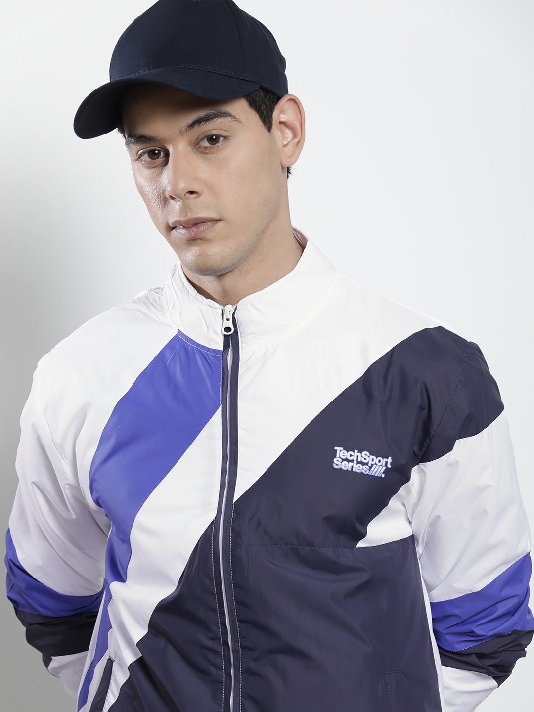 

The Indian Garage Co Men White & Blue Striped Windcheater Outdoor Tailored Jacket