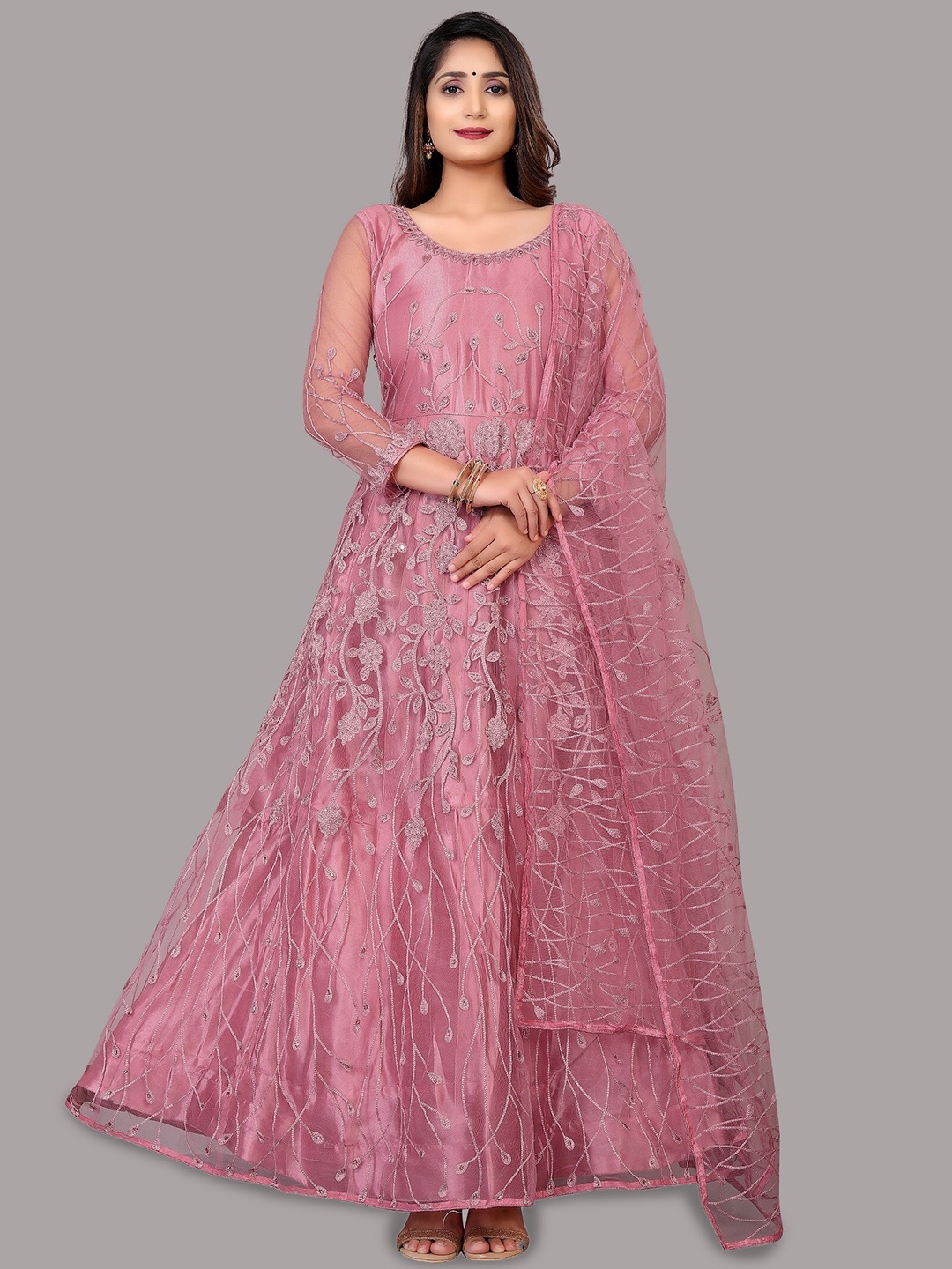 

Atsevam Pink & Silver-Toned Embroidered Semi-Stitched Dress Material