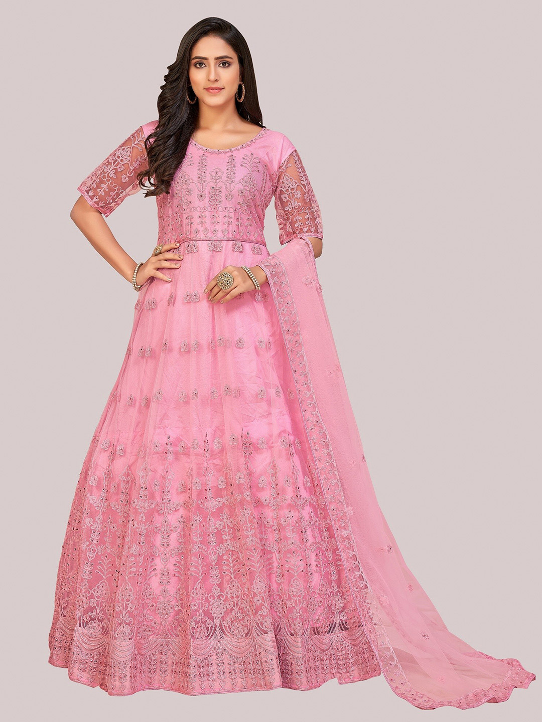 

Atsevam Pink & Silver-Toned Embroidered Semi-Stitched Dress Material