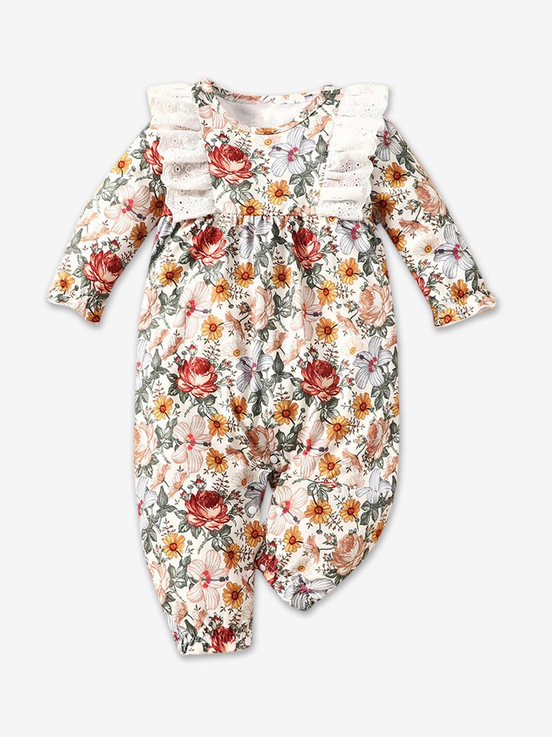 

Hopscotch Infant White Floral Printed Full-Sleeves Rompers