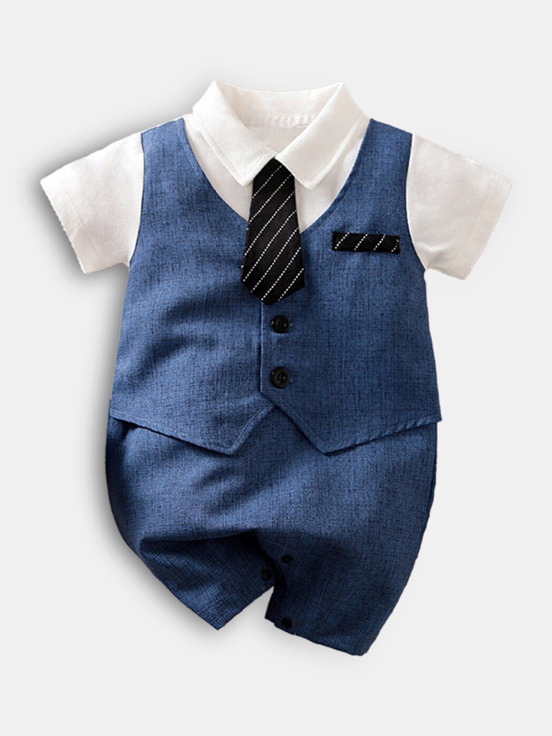 

Hopscotch Infant Blue & White Solid Rompers