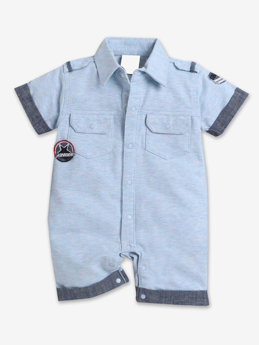 

Hopscotch Infant Boys Blue Solid Shirt Neck Pure Cotton Romper