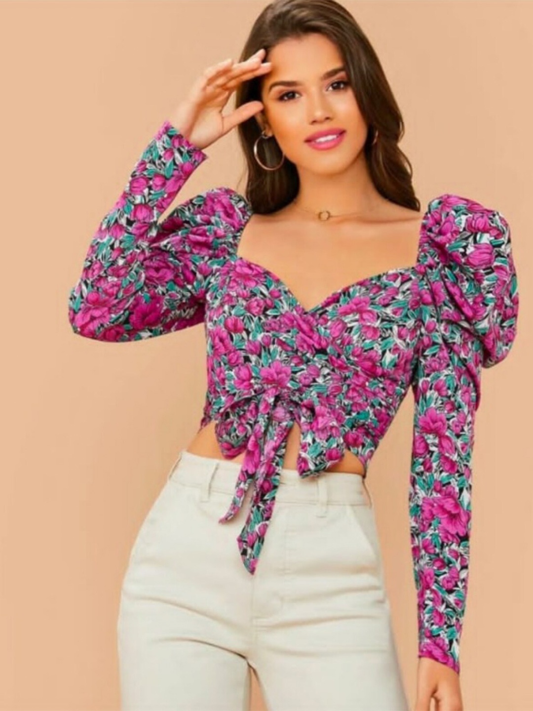 

Dream Beauty Fashion Pink Floral Print Sweetheart Neck Crop Top