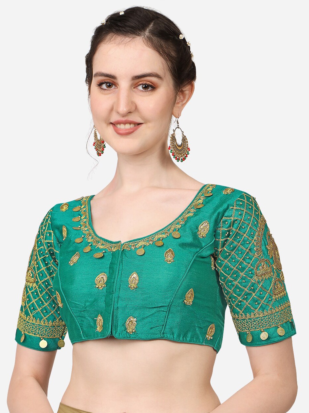

PUJIA MILLS Women Teal Blue Embroidered Saree Blouse