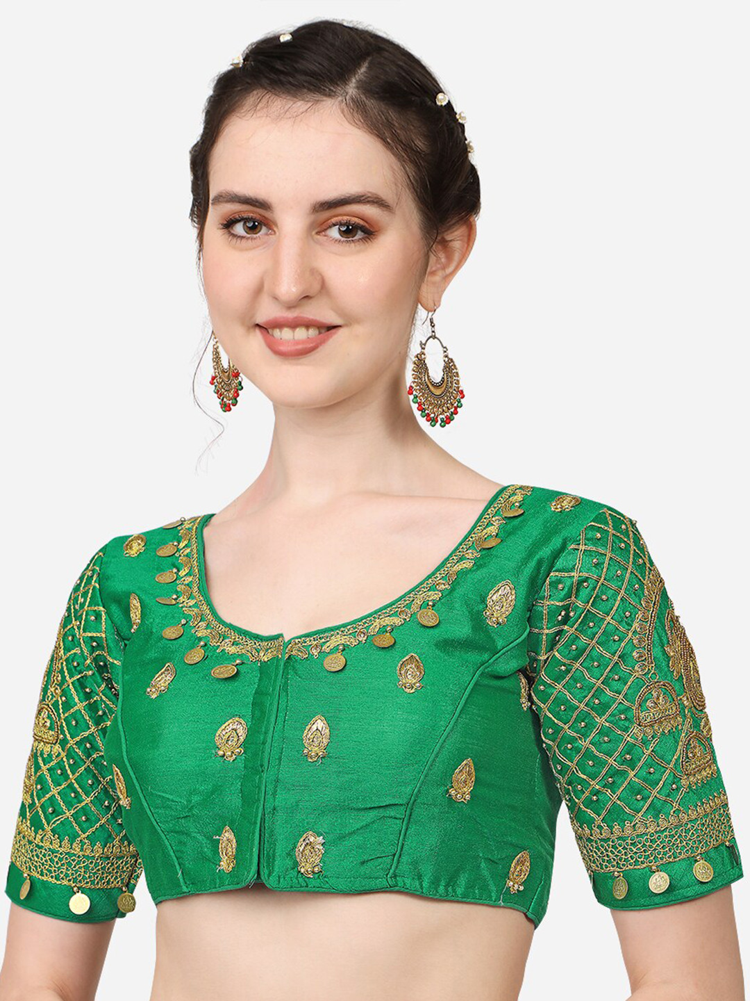 

PUJIA MILLS Women Green Embroidered Saree Blouse
