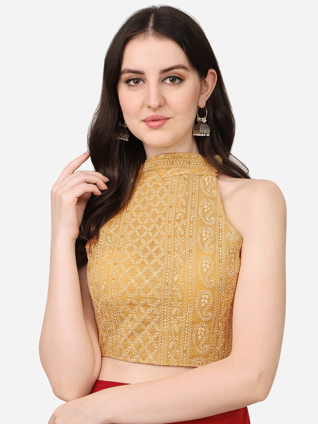 

PUJIA MILLS Golden Solid Sifli Work Saree Blouse, Gold