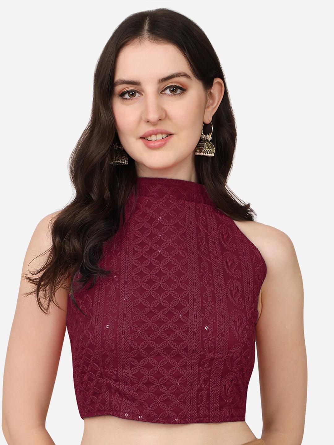 

PUJIA MILLS Women Maroon Solid schiffli Saree Blouse