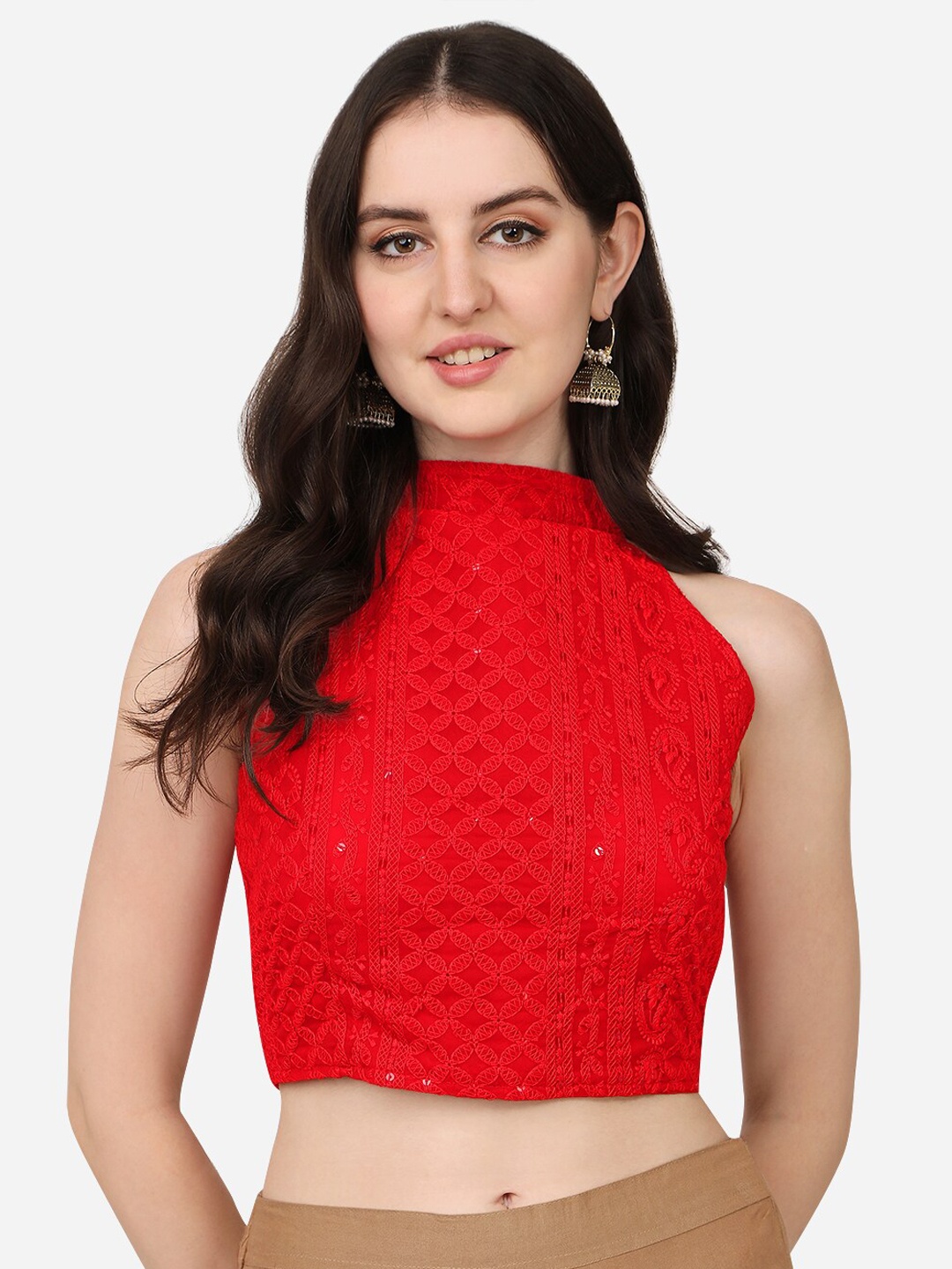 

PUJIA MILLS Women Red Self Design Halter Neck Saree Blouse