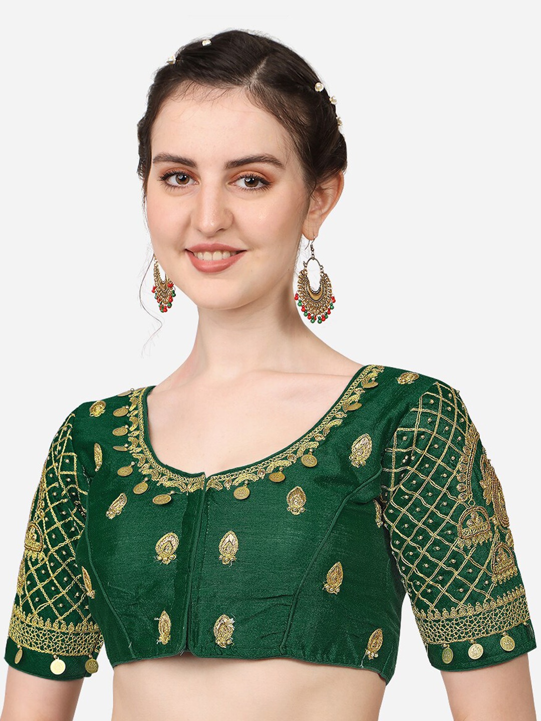 

PUJIA MILLS Women Green Embroidered & Khatli Work Readymade Saree Blouse