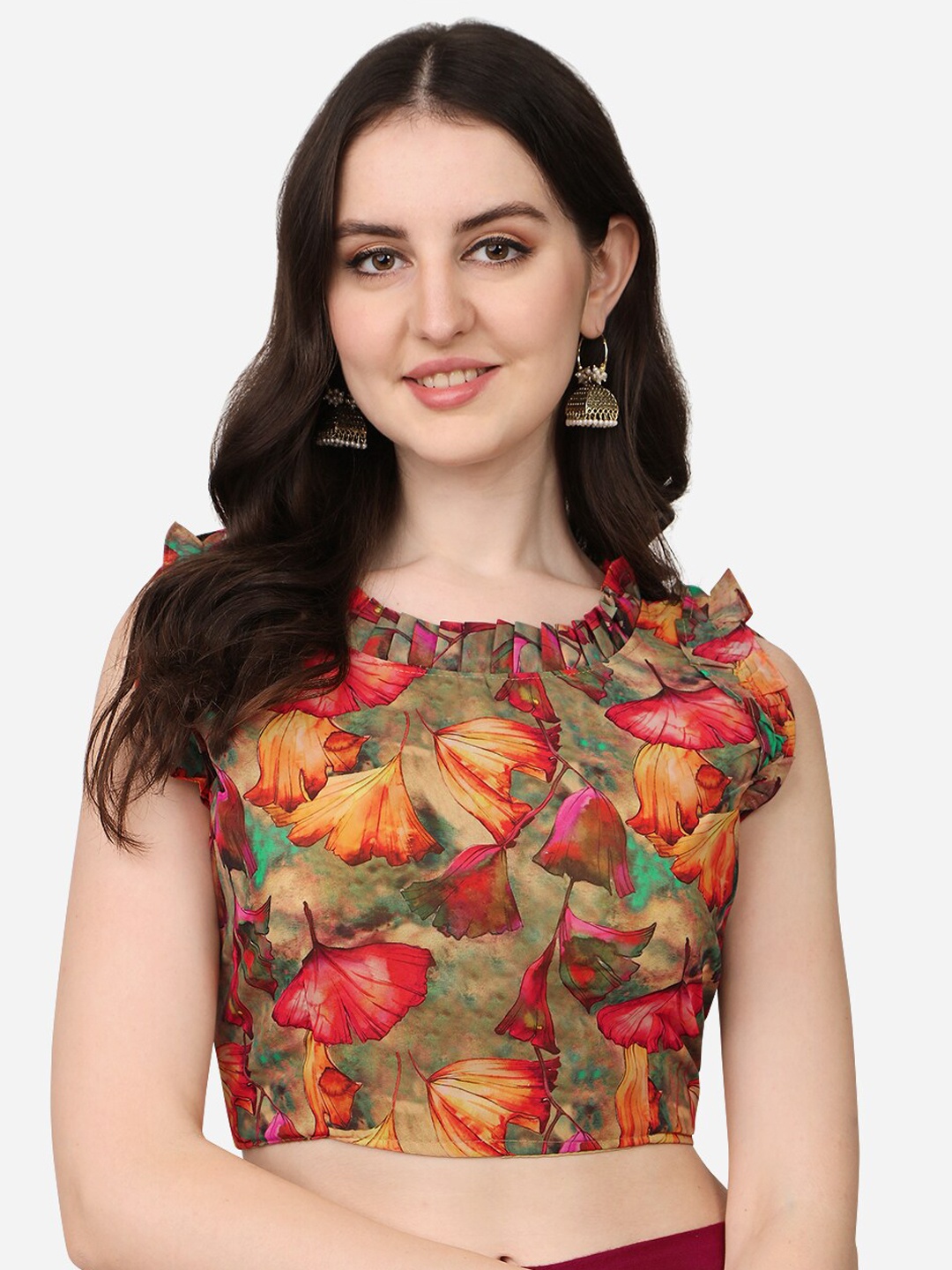 

PUJIA MILLS Red & Green Digital Floral Printed Saree Blouse