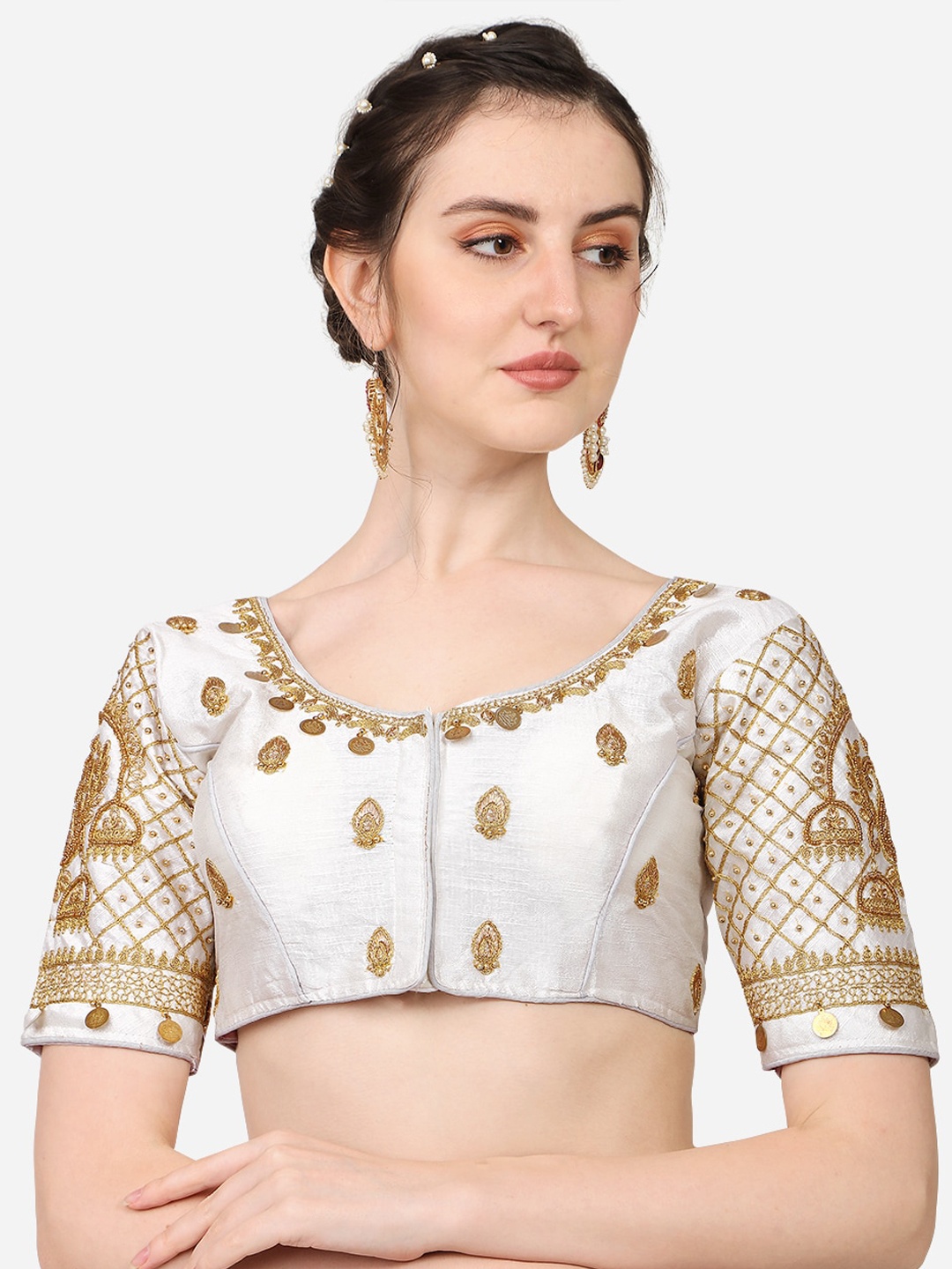 

PUJIA MILLS White Embroidered Saree Blouse