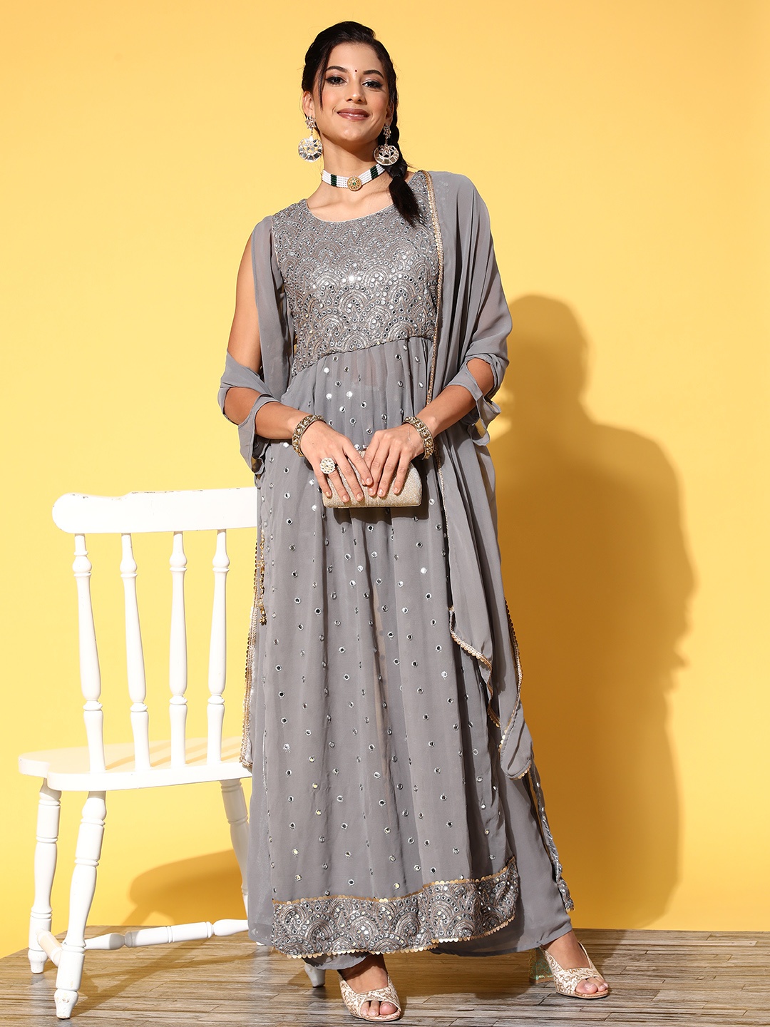 

Chhabra 555 Women Geometric Poly Georgette Shimmer & Sequin Kurta Set, Grey