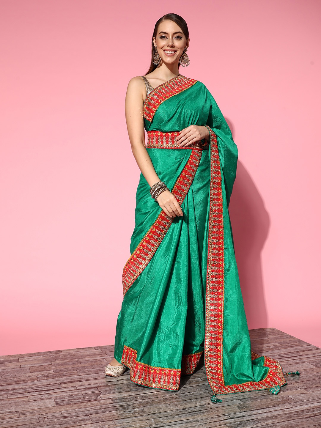 

Chhabra 555 Embellished Saree with border, Green