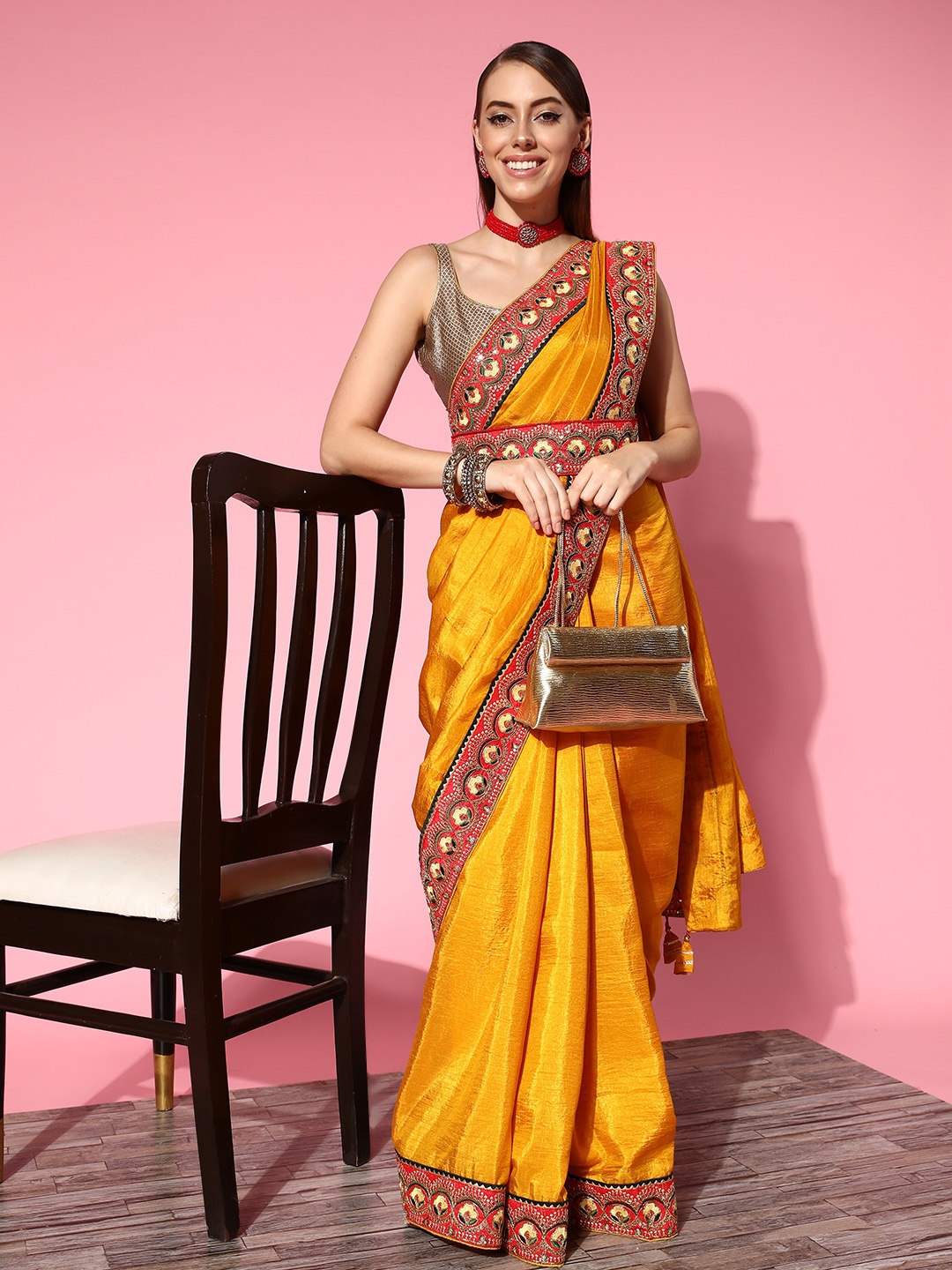 

Chhabra 555 Embellished Silk Blend Saree with border, Mustard