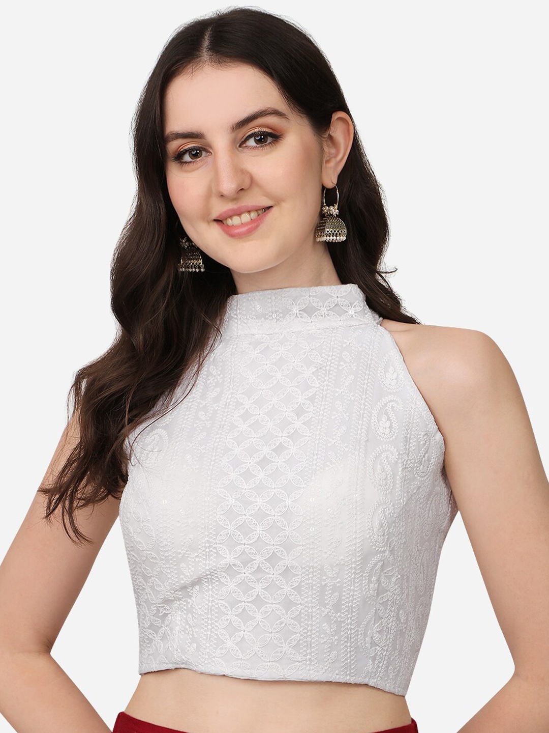 

Sumaira Tex Women White Solid Schiffli Saree Blouse