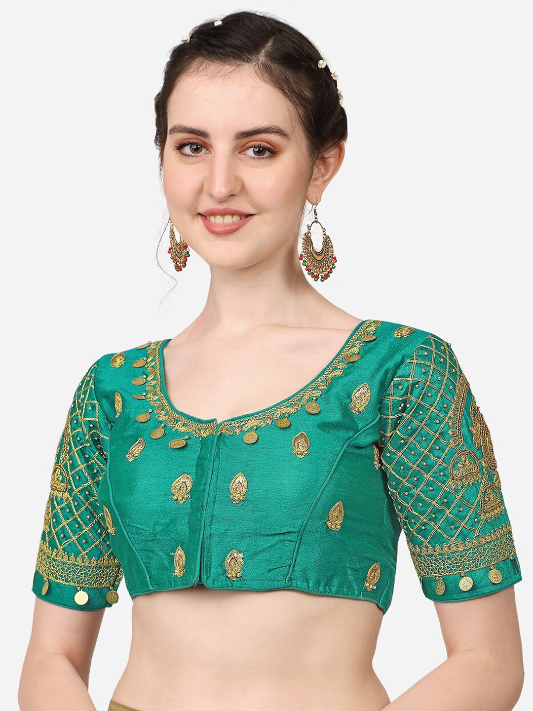 

Sumaira Tex Teal Blue Embroidered Saree Blouse