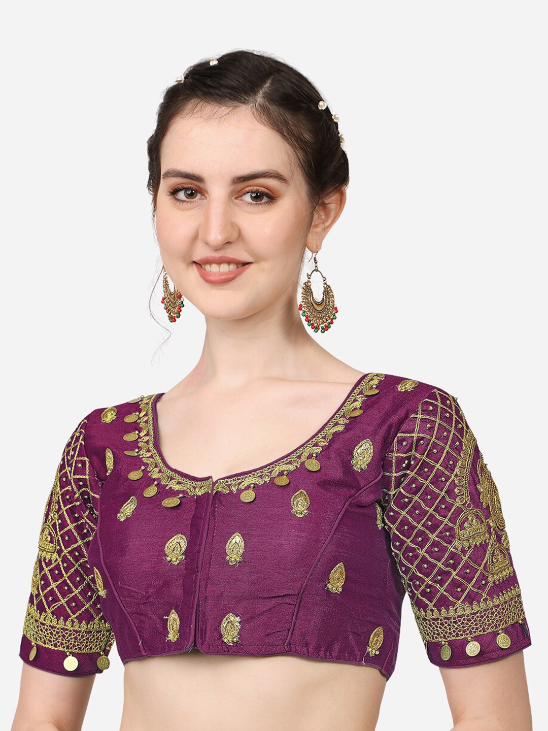 

Sumaira Tex Women Violet Embroidered & Khatli Work Readymade Saree Blouse