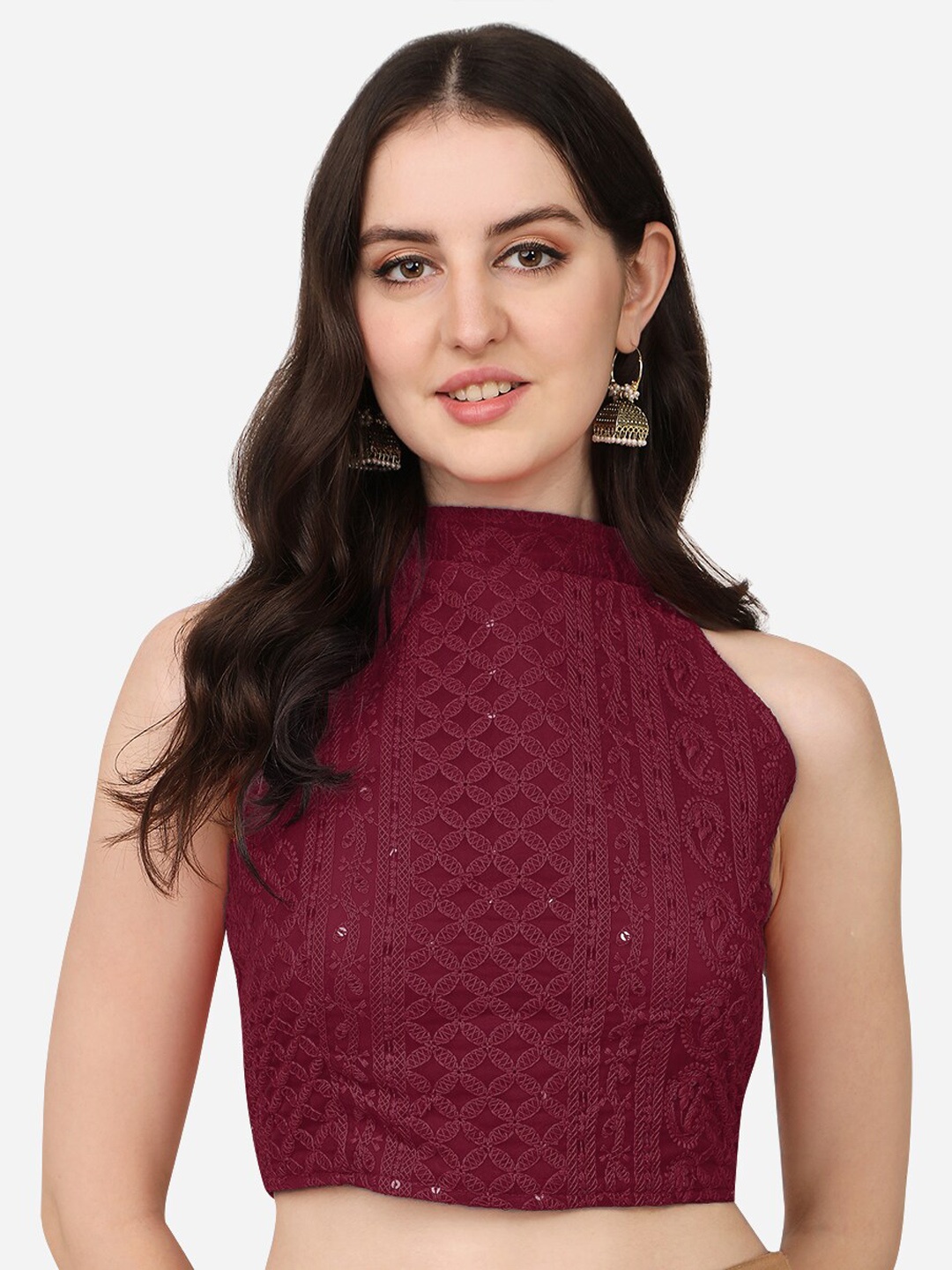 

Sumaira Tex Maroon Solid Schiffli Saree Blouse