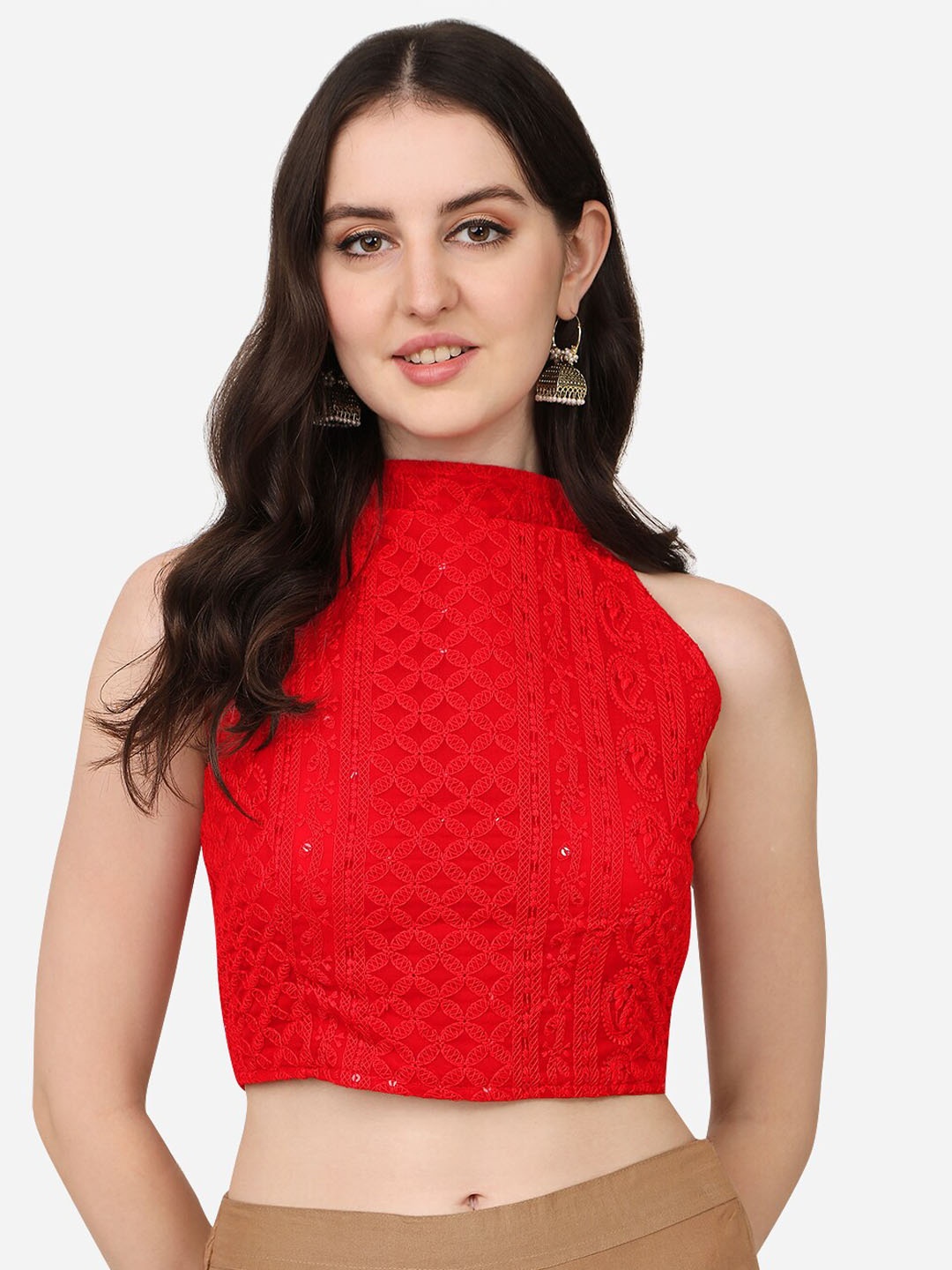 

Sumaira Tex Women Red Solid Schiffli Saree Blouse