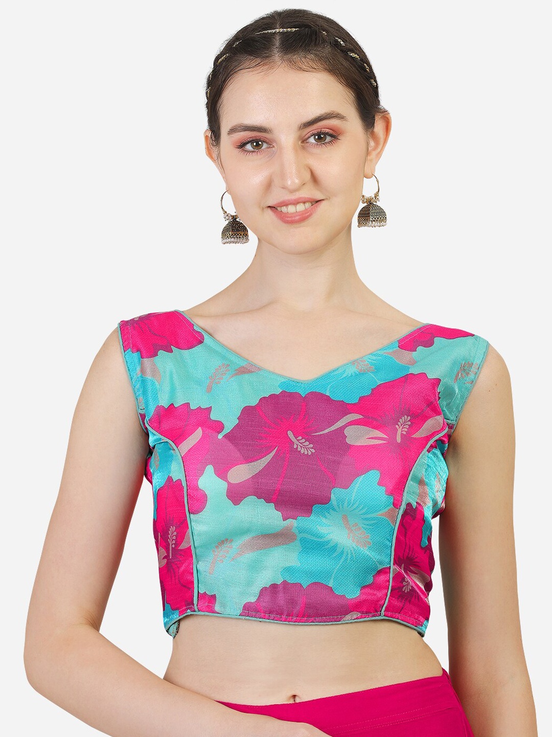 

Sumaira Tex Pink & Blue Printed Silk Saree Blouse
