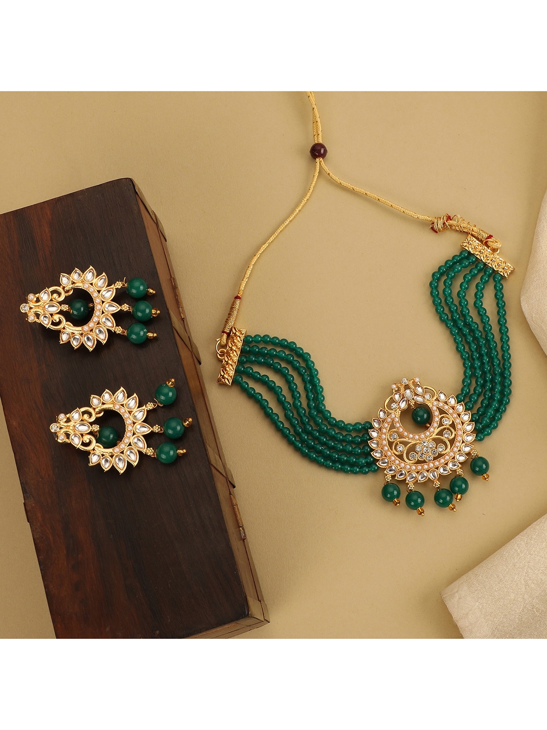 

ZaffreCollections Gold-Plated Green & White Crystal-Studded & Beaded Jewellery Set