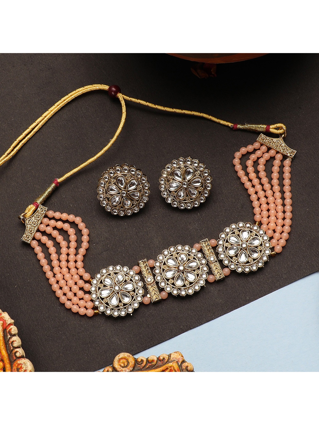 

ZaffreCollections Gold-Plated Peach & White Crystal-Studded & Beaded Jewellery Set