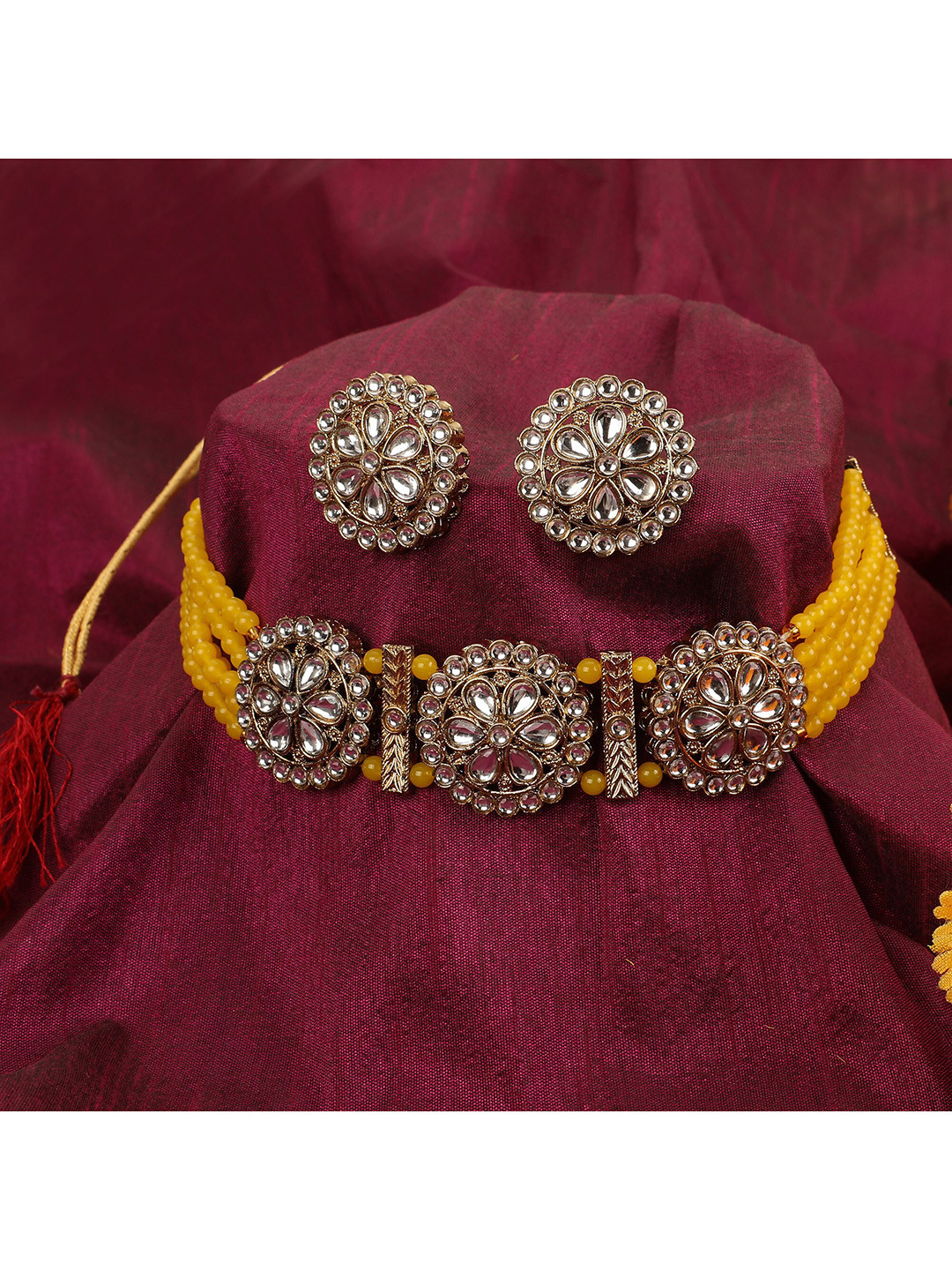 

ZaffreCollections Gold-Plated Yellow & White Crystal-Studded & Beaded Jewellery Set