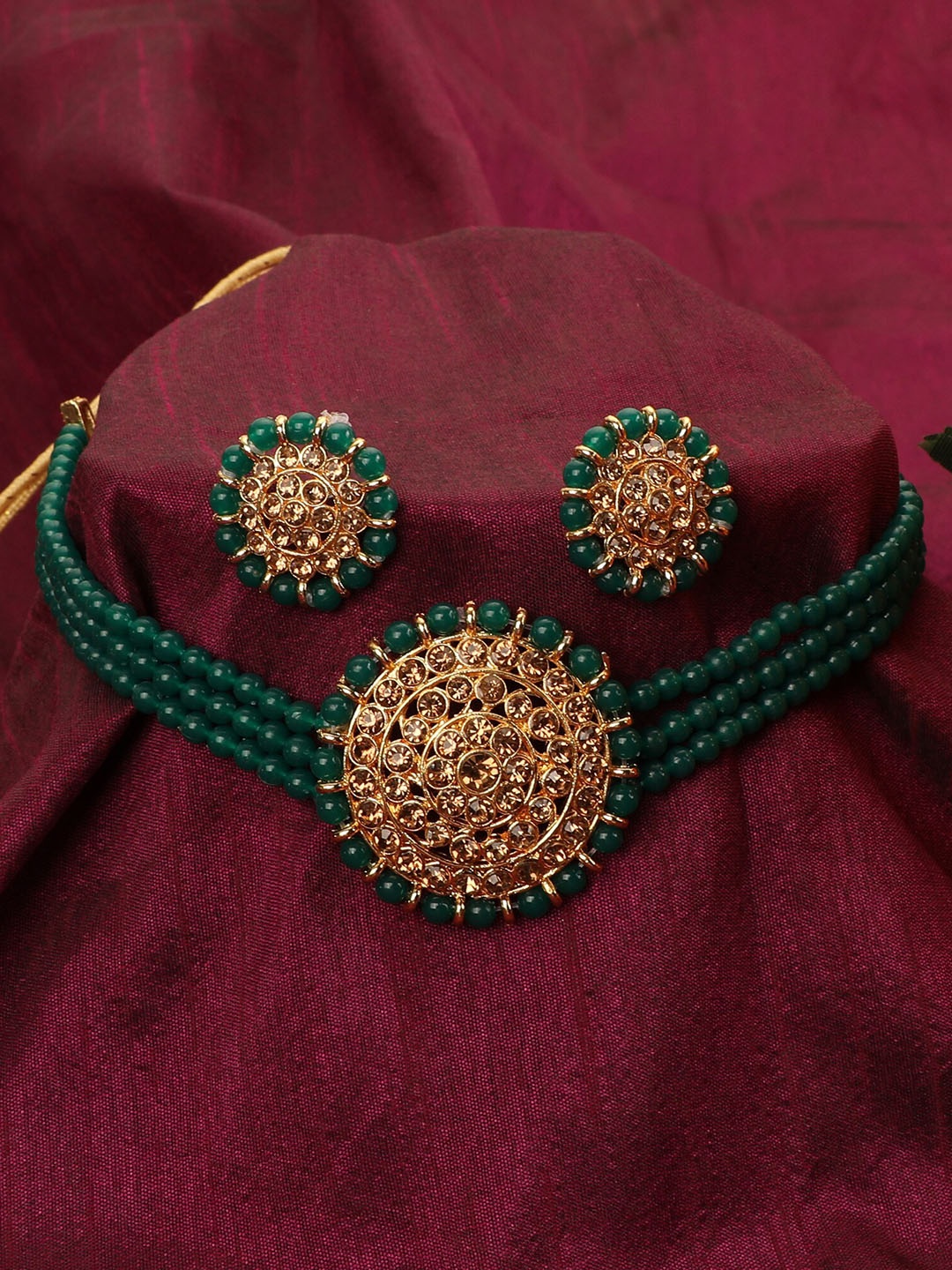 

ZaffreCollections Women Gold-Plated & Green Crystal-Studded & Beaded Choker Jewellery Set