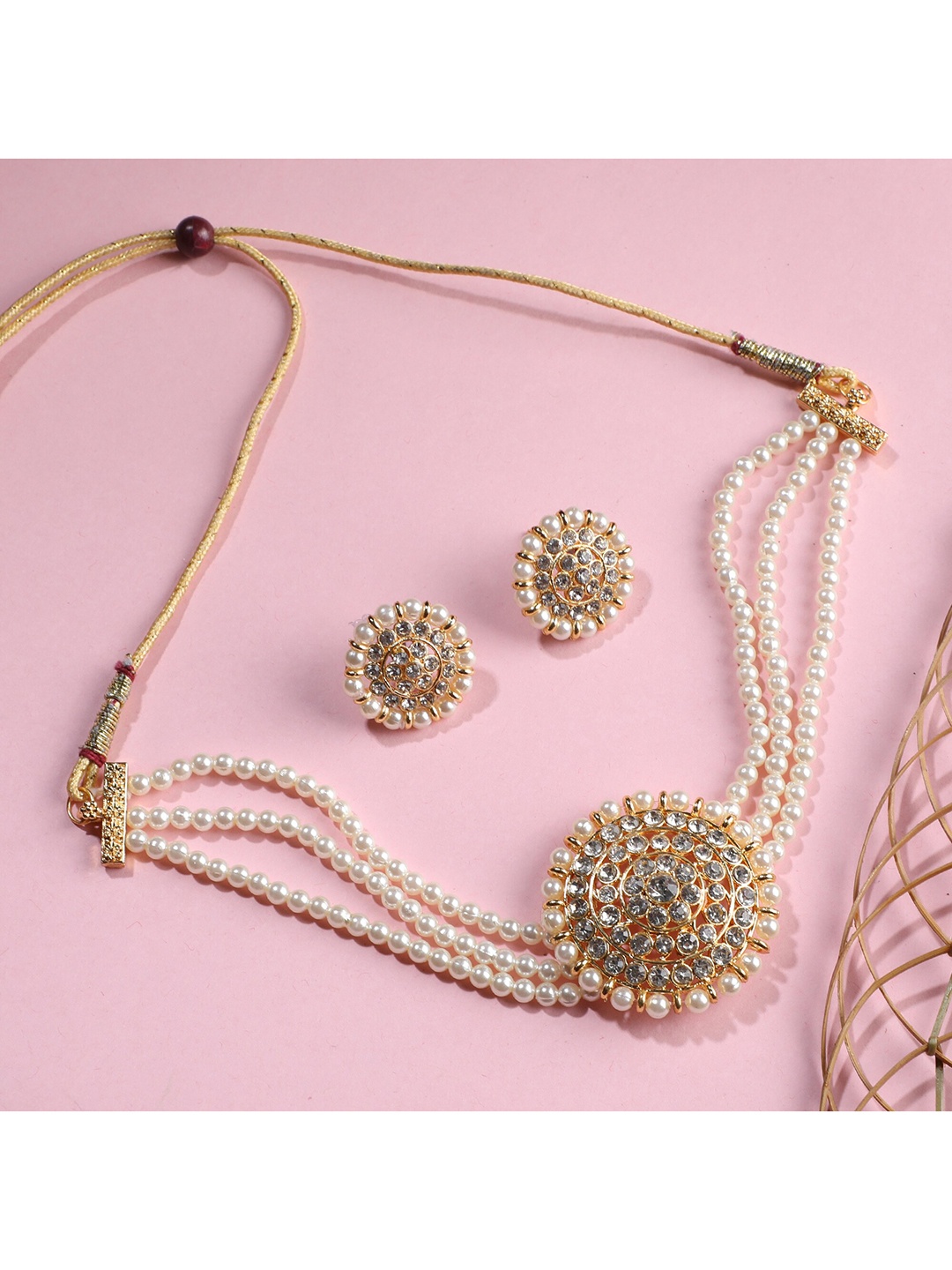 

ZaffreCollections Women Gold-Plated White Crystal-Studded & Beaded Jewellery Set