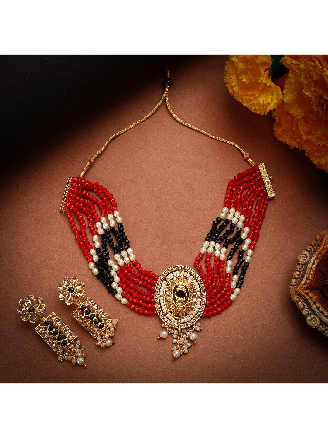 

ZaffreCollections Gold-Plated Red Black & White Crystal-Studded & Beaded Jewellery Set