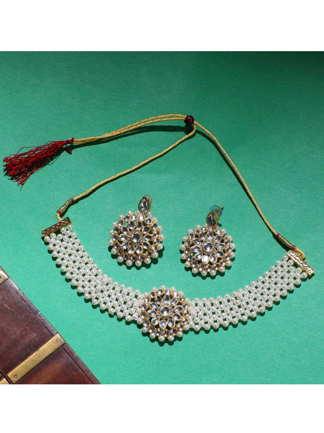 

ZaffreCollections Gold-Plated White Crystal-Studded & Beaded Jewellery Set